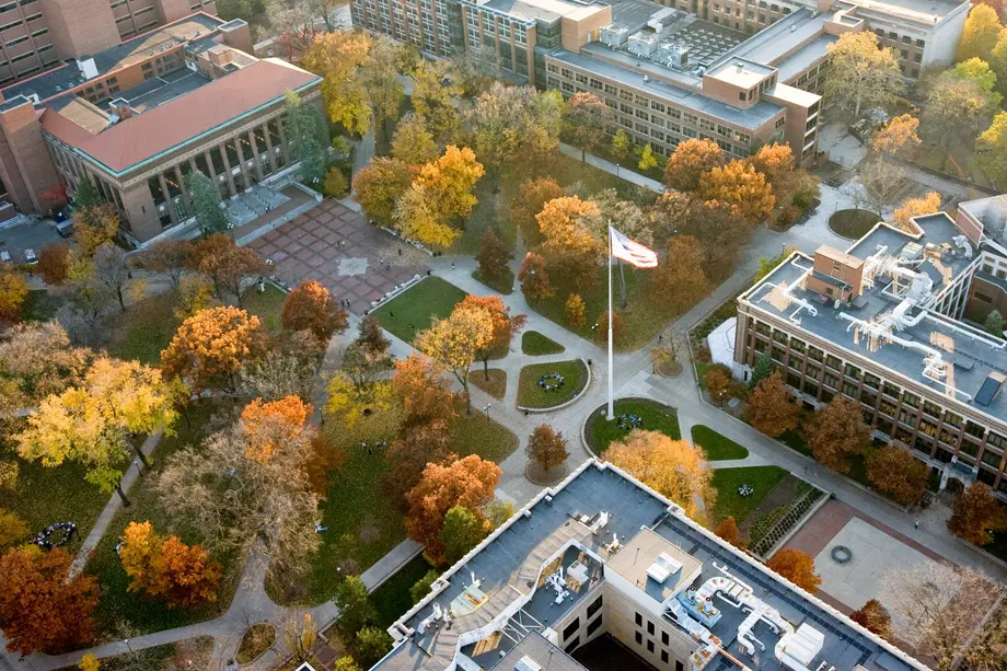 aerial view of the u-m campus diag with hatcher library in the frame